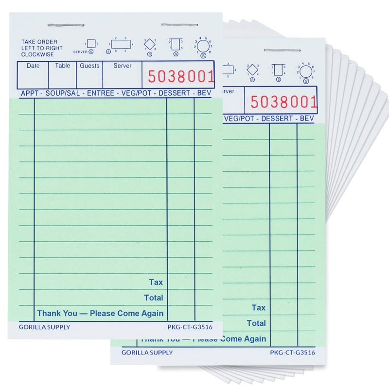 Gorilla Supply 1000 Gorilla Supply Mini Guest Check Book 34 x 504 Server Notepads Order Pad for Waiter and Waitress Bond Single Part Perforated Checks Green 1000 100 Checks x 10 Books