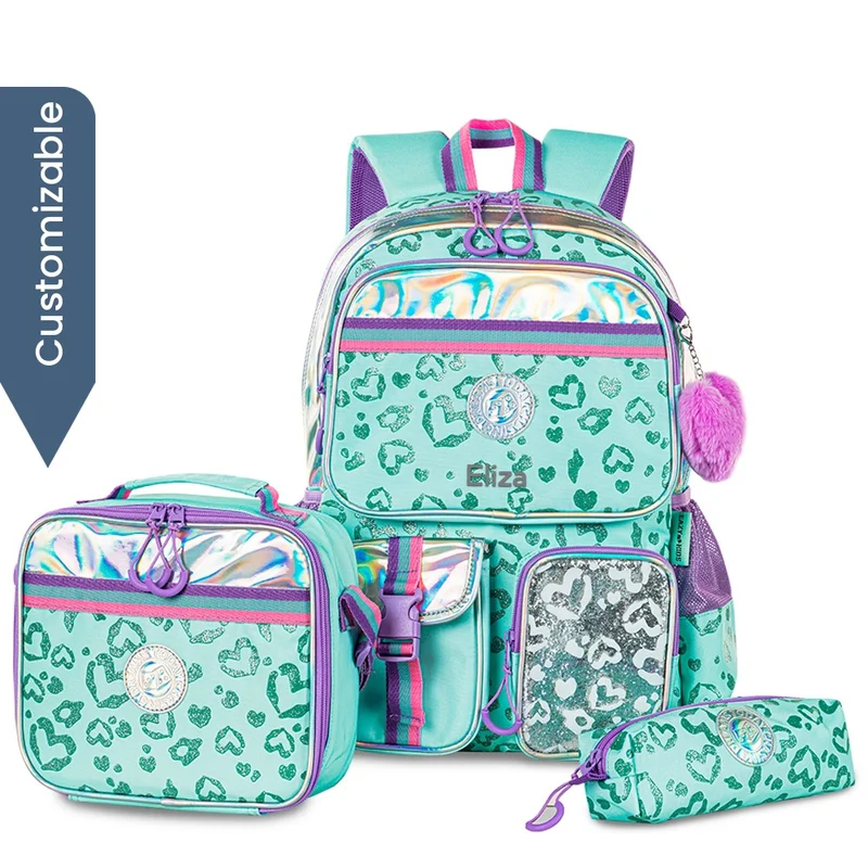 إيزي كيدز Eazy Kids - Personalized 17" School Bag Set of 3 w/Lunch Bag and Pencil Pouch - Love Green