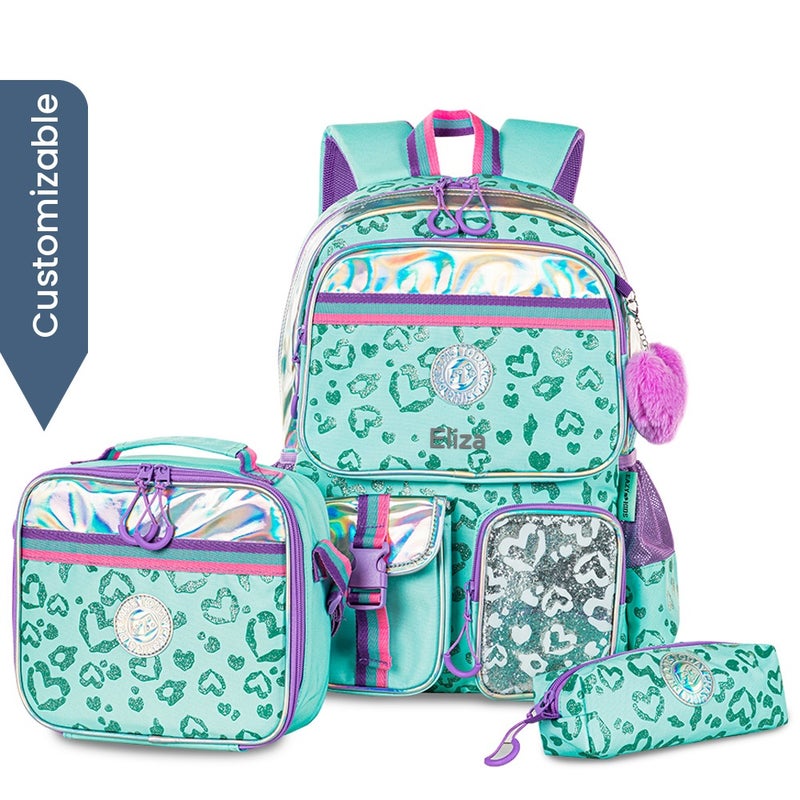 Eazy Kids - Personalized 17" School Bag Set of 3 w/Lunch Bag and Pencil Pouch - Love Green - Image 1