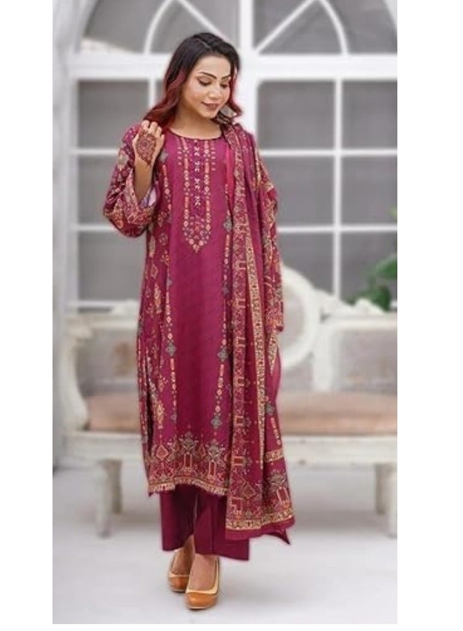 وينشيلز طقم بدلة سلوار قميص باكستاني بطبعة زهور - لون كستنائي - متوسط - Image 1