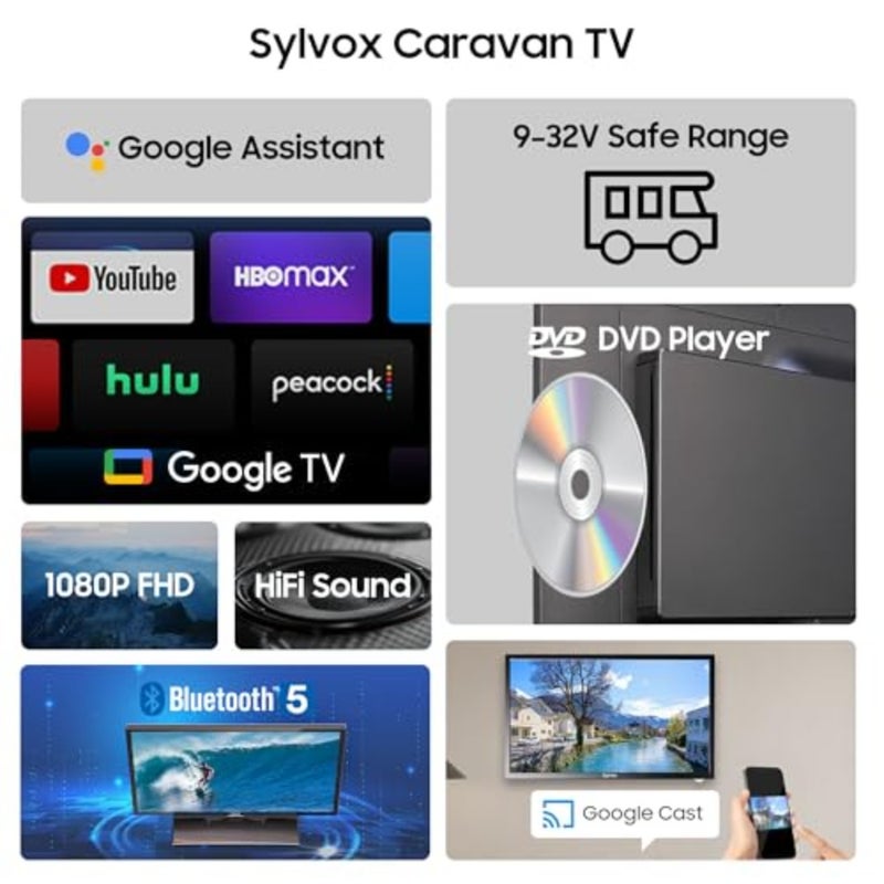 27 Inch Smart TV FHD 1080P LED TV with DVD Player Google Cast Voice Control HiFi Speakers AC/DC Wide Voltage DVB-T2/C/S2 Tuner HDMI USB Ports 12V RV Caravan Motorhome TV - Image 5