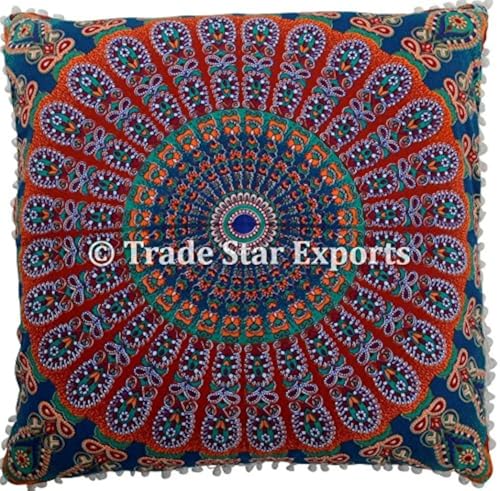 Trade Star 26 X 26 Mandala Euro Sham, Ethnic Cushion Cover, Indian Large Floor Pillows, Hippie Cushion Cover with Pom Pom Lace, Bohemian Throw Pillow Cases (Pattern 7) - Image 1