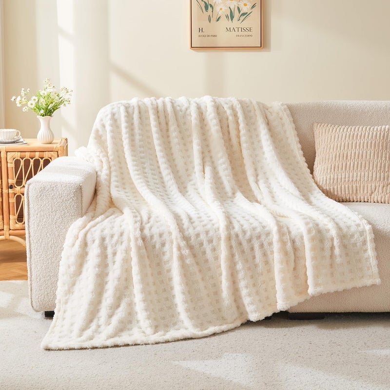 Wajade Fleece Throw Blanket, Fluffy Faux Fur Blanket for Bed Sofa Couch, Soft Warm Thick Blanket,Waffle White-127X178 - Image 2