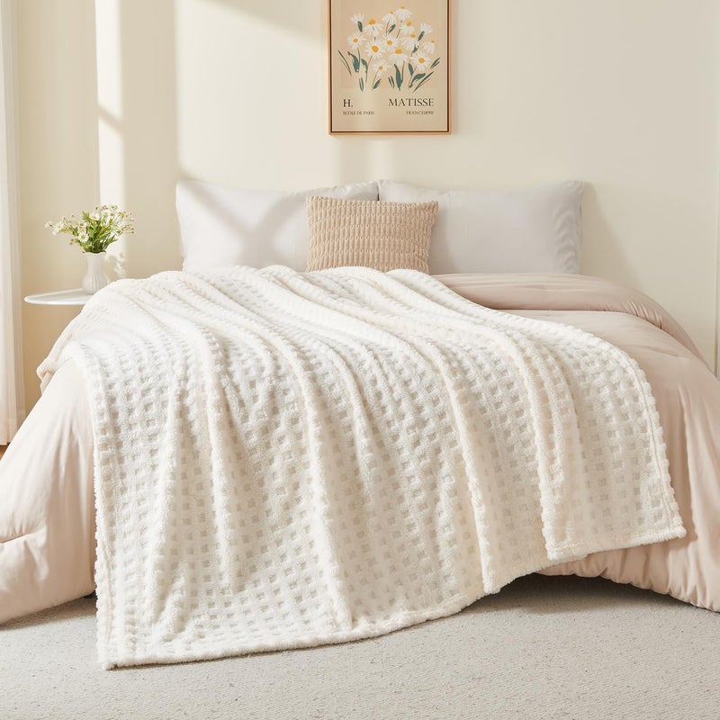 Wajade Fleece Throw Blanket, Fluffy Faux Fur Blanket for Bed Sofa Couch, Soft Warm Thick Blanket,Waffle White-127X178 - Image 4