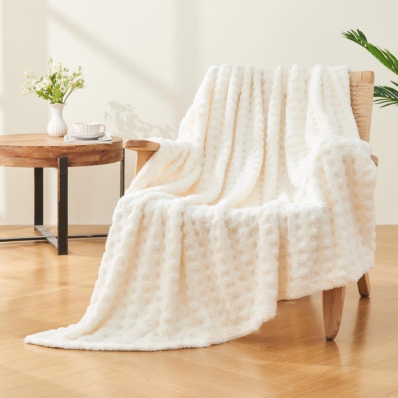 Wajade Fleece Throw Blanket, Fluffy Faux Fur Blanket for Bed Sofa Couch, Soft Warm Thick Blanket,Waffle White-127X178 - Image 3
