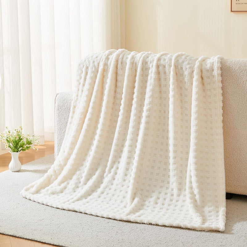 Wajade Fleece Throw Blanket, Fluffy Faux Fur Blanket for Bed Sofa Couch, Soft Warm Thick Blanket,Waffle White-127X178 - Image 5