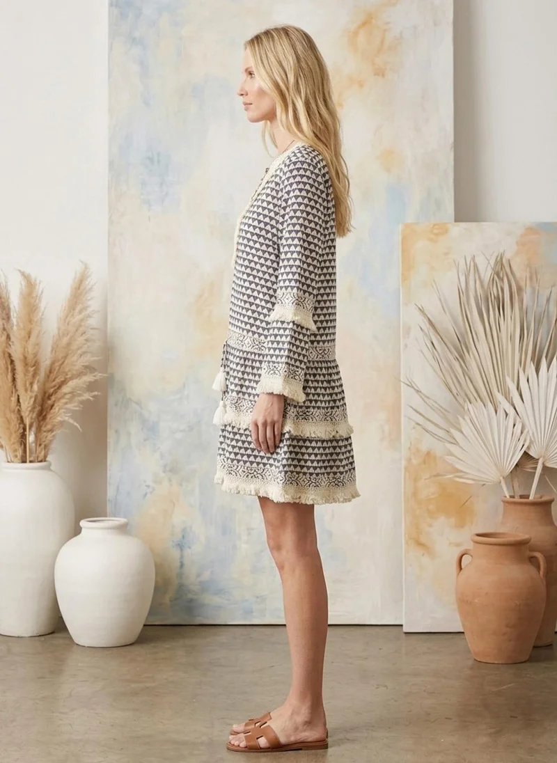 Alaya navy and off-white geometric print Women   Cotton Midi Dress -AL3718 for Women | Best Price UAE