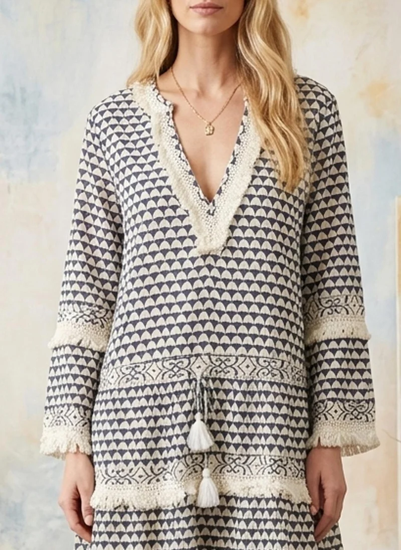 Alaya navy and off-white geometric print Women   Cotton Midi Dress -AL3718 for Women | Best Price UAE