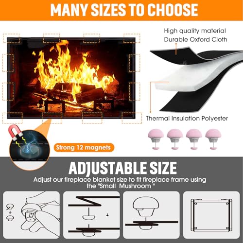 CADARA Magnetic Fireplace Draft Cover, Fireplace Blocker Blanket Stops Heat Loss, Adjustable Fire Place Draft Stopper Save Energy for Indoor Iron Frame 45" W x 34" H - Image 2