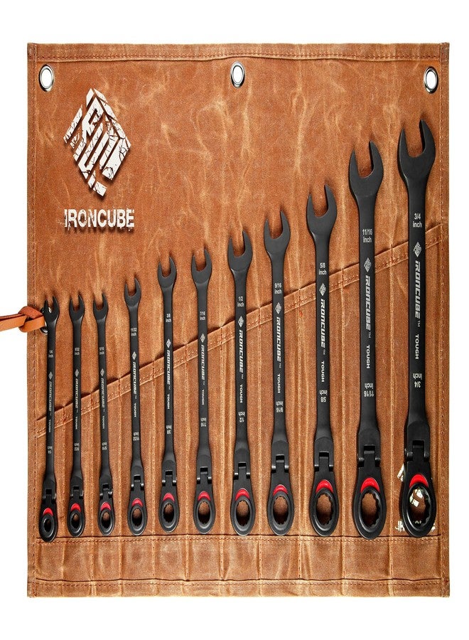 ironcube Ratcheting Combination Wrench Set: 11-Piece SAE 1/4 to 3/4 Inch - Flexible Head - CR-V Steel - Black Tough With Wax Canvas Tool Pouch for Motorcycle Repair - Image 1