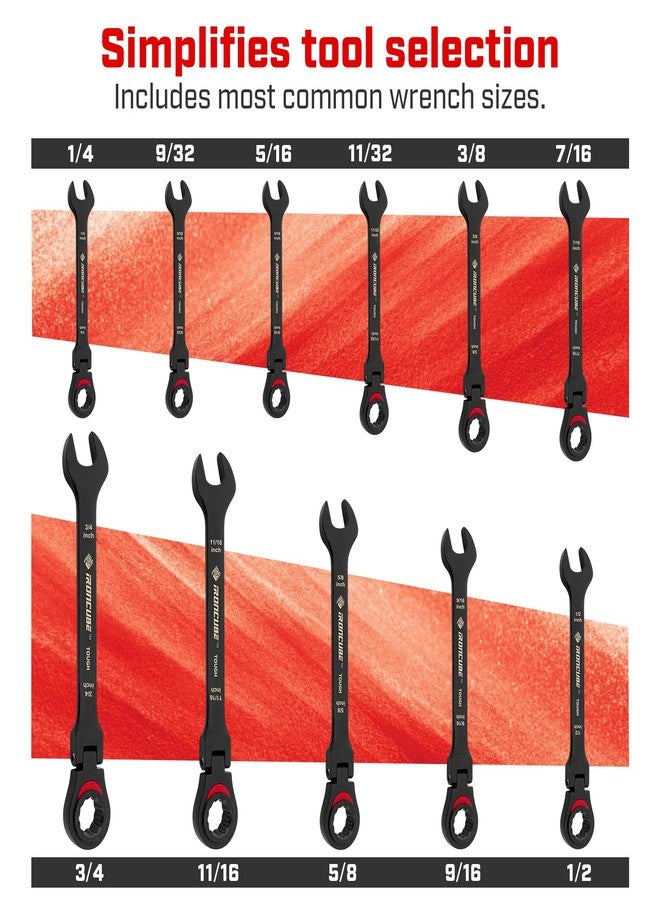 ironcube Ratcheting Combination Wrench Set: 11-Piece SAE 1/4 to 3/4 Inch - Flexible Head - CR-V Steel - Black Tough With Wax Canvas Tool Pouch for Motorcycle Repair - Image 2