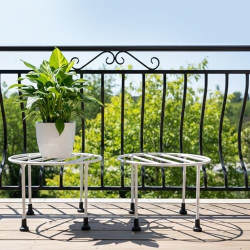ORILEY Plant Round Stand Galvanised Metal Flower Pot Holder Gamla Support Corner Rack Outdoor Display Shelf for Home Garden Balcony Decoration - (Pack of 2, White) - Image 1