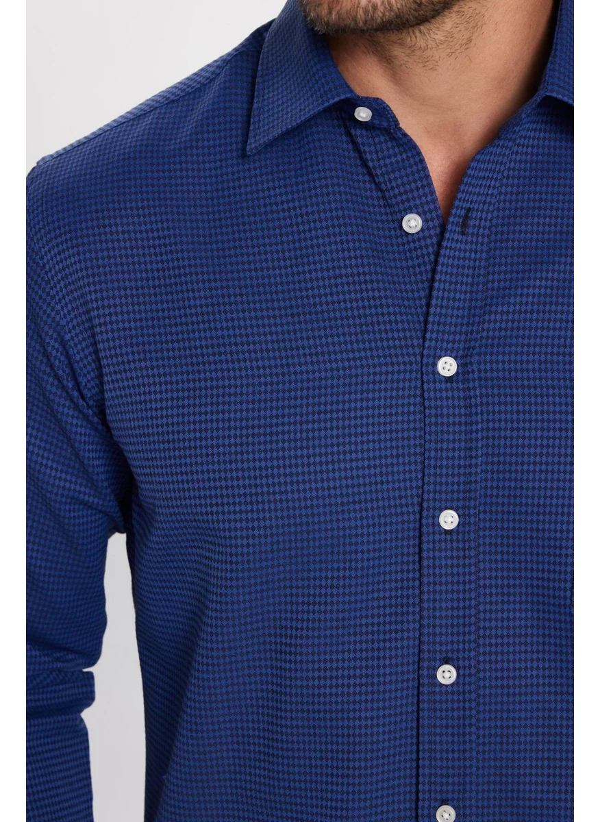 تودورس Men's Classic Fit Regular Cut Cotton Single Pocket Dobby Blue Shirt