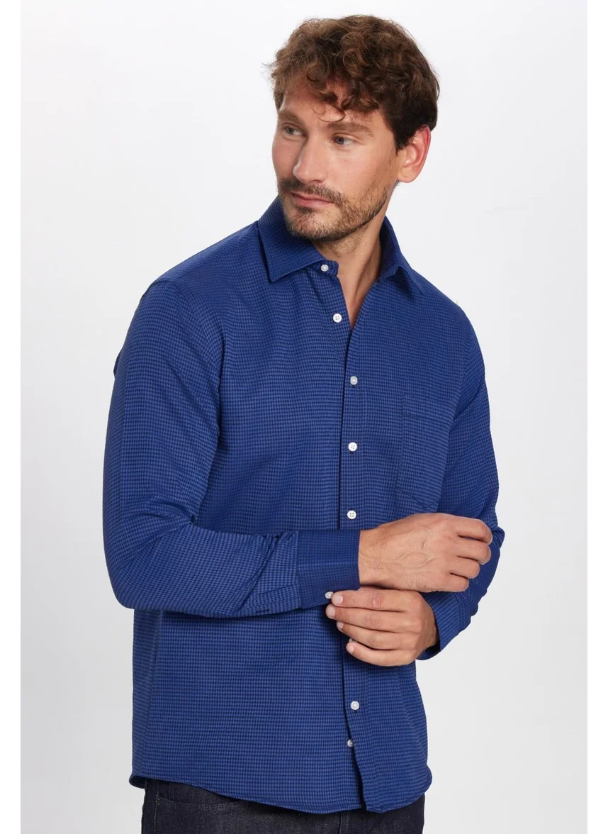 Tudors Men's Classic Fit Regular Cut Cotton Single Pocket Dobby Blue Shirt