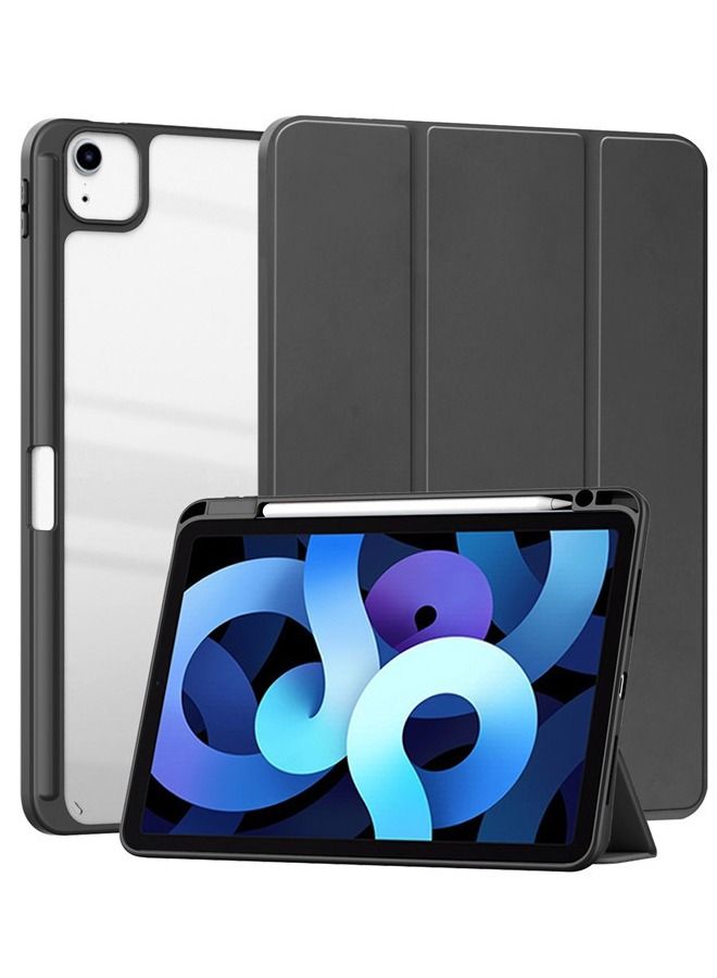جراب حماية لجهاز iPad Air 4/5 10.9 بوصة ، iPad Pro 2021/2020/2018 ، جلد نحيف قابل للطي مع حامل قلم رصاص ثلاثي الطي ، نوم إيقاظ تلقائي ، غطاء مغناطيسي ذكي ، جراب خلفي أكريليك شفاف مقاوم للصدمات (أسود) - Image 1