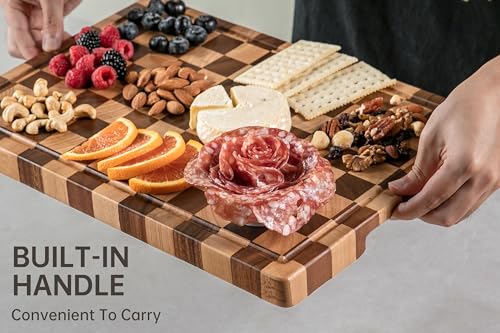 THETCHRY Cutting Boards for Kitchen, Checkered Cutting Board Upgraded, Acacia Wood Chopping Board with Juice Grooves & Handles, Large Butcher Block Serving Tray with Gift Box, 17"X12"X0.8" - Image 4
