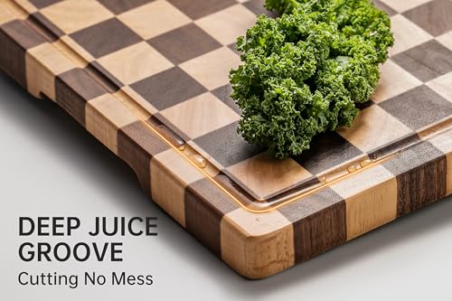 THETCHRY Cutting Boards for Kitchen, Checkered Cutting Board Upgraded, Acacia Wood Chopping Board with Juice Grooves & Handles, Large Butcher Block Serving Tray with Gift Box, 17"X12"X0.8" - Image 3
