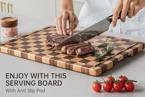 THETCHRY Cutting Boards for Kitchen, Checkered Cutting Board Upgraded, Acacia Wood Chopping Board with Juice Grooves & Handles, Large Butcher Block Serving Tray with Gift Box, 17"X12"X0.8" - Image 5