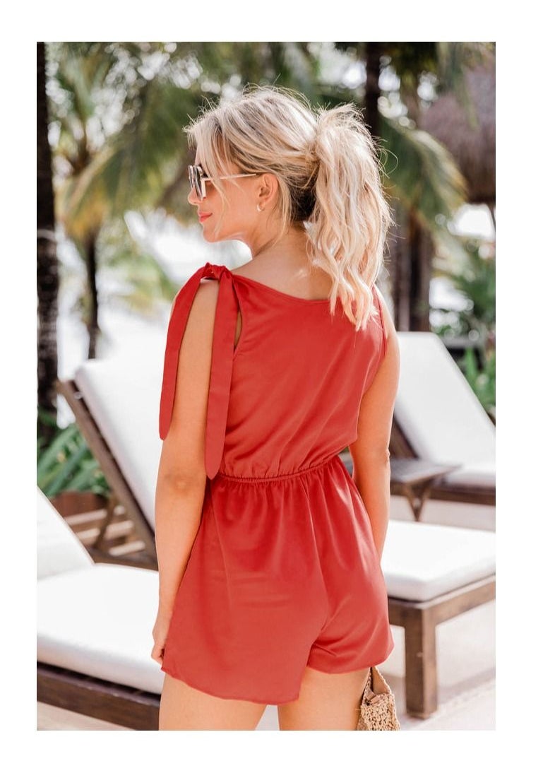 Loquat - Women's Coconut Buckle Sleeveless Lace-up Solid Color Elastic Waist Suspender Loose Jumpsuit - Image 1