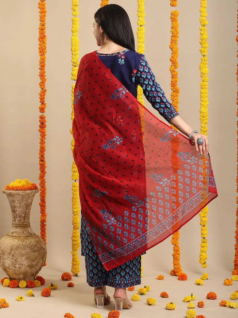 GoSriKi GoSriKi Women's Rayon Blend Straight Printed Kurta with Pant & Dupatta (MASUMI BLUE-VKS01-GS_L_Blue_Large)