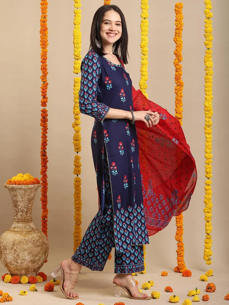 GoSriKi GoSriKi Women's Rayon Blend Straight Printed Kurta with Pant & Dupatta (MASUMI BLUE-VKS01-GS_L_Blue_Large)