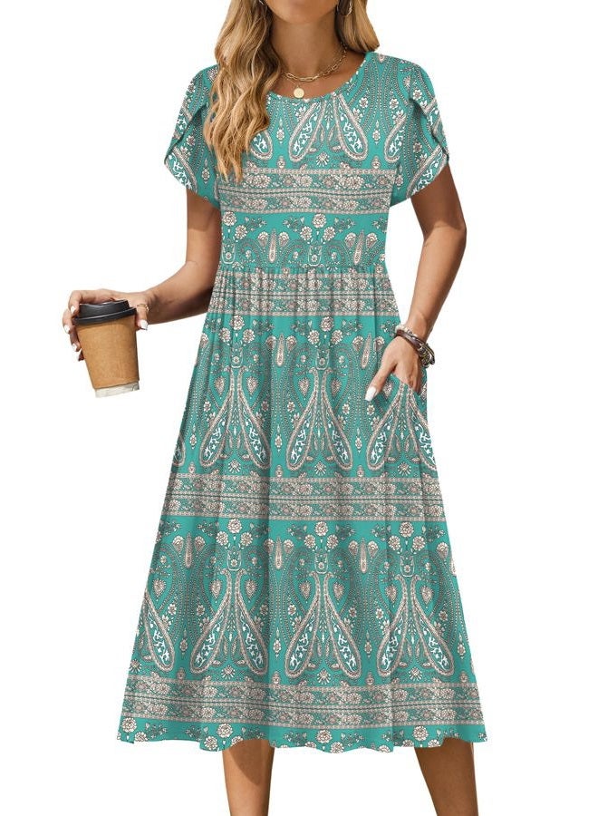 zeagoo Women Summer Short Sleeve Midi Dress with Pockets Casual Aline Flowy Tshirt Dress Floral Vocation Beach Sundress, Boho Floral, XL - Image 1
