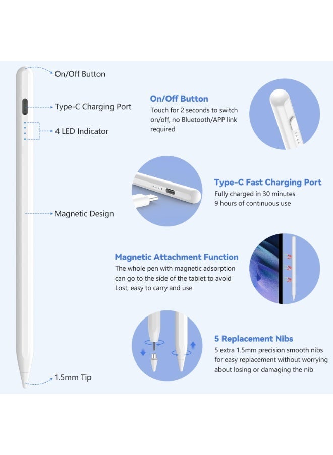 Universal Active Stylus Pen for iPhone Android HarmonyOS Phone & Tablet, Tilt Sensor Drawing, Magnetic Adsorption, Type-C Fast Charging, 5 Extra Replacement Soft Nibs, Plug & Play No Bluetooth - Image 3