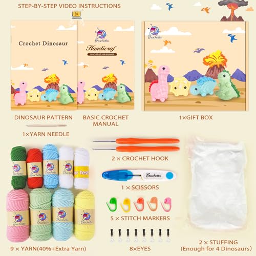Crochetta Crochet Kit for Beginners, Beginner Crochet Kit for Adults with Step-by-Step Video Tutorials, DIY Crochet Animal Kits Kids Knitting Supplies, 4 Pack Dinosaurs (40%+ Yarn) - Image 3