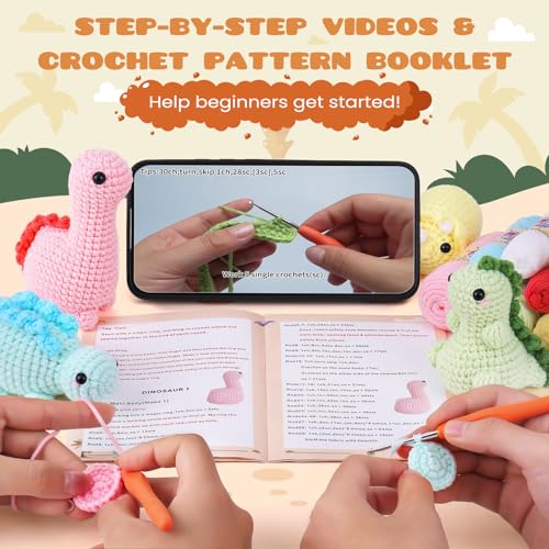 Crochetta Crochet Kit for Beginners, Beginner Crochet Kit for Adults with Step-by-Step Video Tutorials, DIY Crochet Animal Kits Kids Knitting Supplies, 4 Pack Dinosaurs (40%+ Yarn) - Image 2