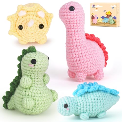 Crochetta Crochet Kit for Beginners, Beginner Crochet Kit for Adults with Step-by-Step Video Tutorials, DIY Crochet Animal Kits Kids Knitting Supplies, 4 Pack Dinosaurs (40%+ Yarn) - Image 1