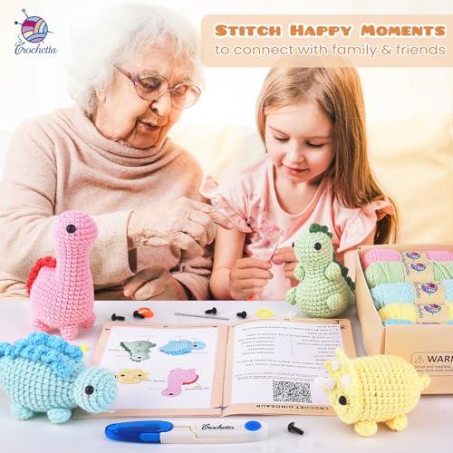 Crochetta Crochet Kit for Beginners, Beginner Crochet Kit for Adults with Step-by-Step Video Tutorials, DIY Crochet Animal Kits Kids Knitting Supplies, 4 Pack Dinosaurs (40%+ Yarn) - Image 4