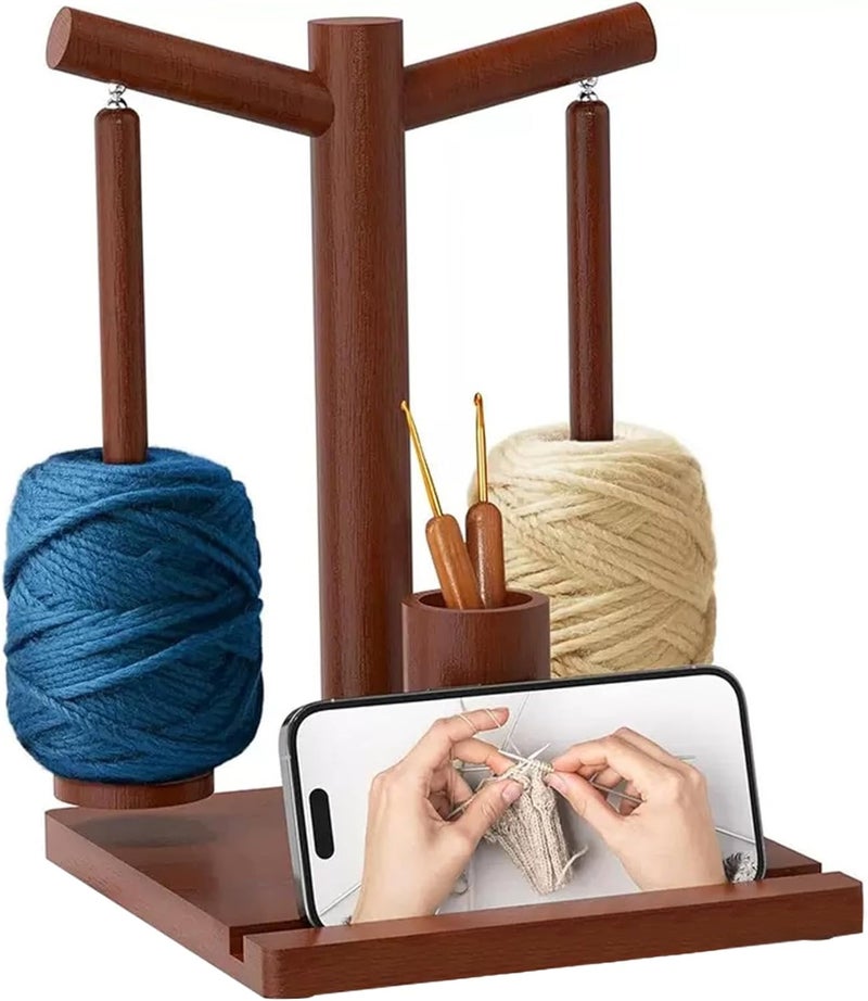 مُحول خيوط خشبي بني تصميم عمودي مزدوج حامل خيوط سلس وخالي من التشابك - دوّار خشبي دوار توتر ثابت منظم خيوط لمصنعي الحوتي المنزليين ومحبي الغزل والكروشيه - Image 2