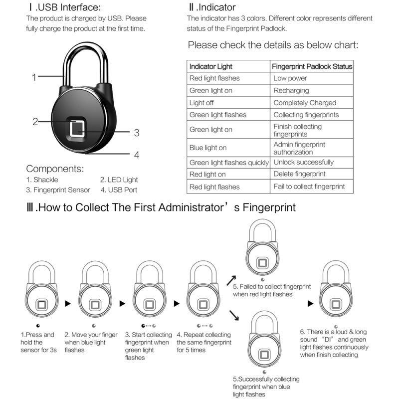 Anytek P22+ Fingerprint Padlock Thumbprint Bluetooth 4.1 IOS Andriod App connect IP66 Waterproof 40 Sets Fingerprints with USB Rechargeable Led light for Pick-up trucks Bicycle Motorcycle warehouse Garages House Door - Image 2