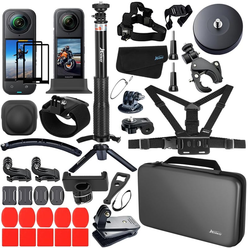Husiway Accessories Kit for Insta360 X5 / X4 Camera Mount Bundle with Magnetic Mount Carrying Case, Selfie Stick, Tripod, Chest Strap,Bike Clamp,Screen Protector Non-Slip Mounts for Insta 360 X5 / X4 60I - Image 1