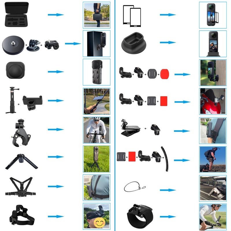 Husiway Accessories Kit for Insta360 X5 / X4 Camera Mount Bundle with Magnetic Mount Carrying Case, Selfie Stick, Tripod, Chest Strap,Bike Clamp,Screen Protector Non-Slip Mounts for Insta 360 X5 / X4 60I - Image 3