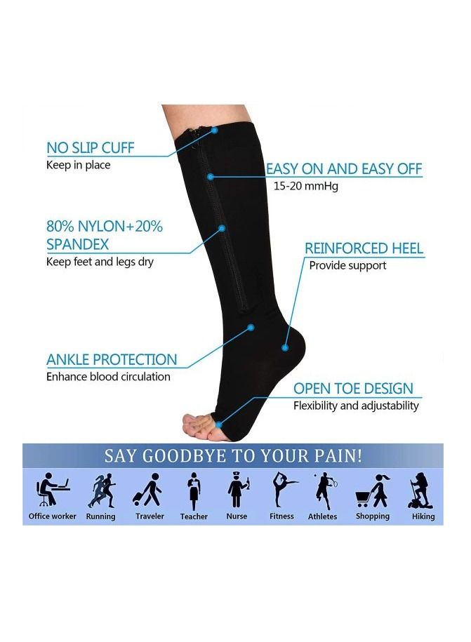 AS SEEN ON TV Zip Sock stretchy zipper leg Compression Socks Open Toe Black 2 Pair - Image 3