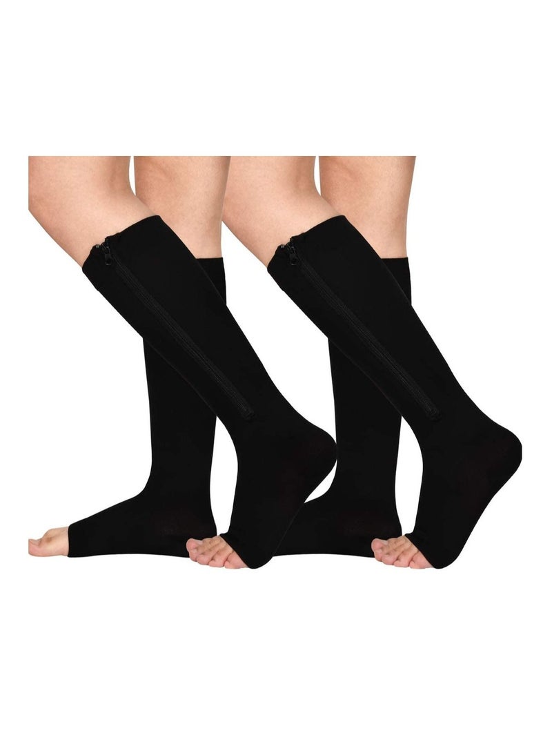 AS SEEN ON TV Zip Sock stretchy zipper leg Compression Socks Open Toe Black 2 Pair - Image 1