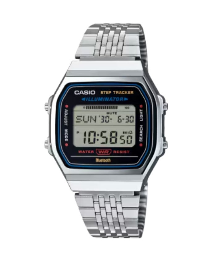 ساعة كاسيو الرقمية الكلاسيكية المزودة بتقنية البلوتوث مع خاصية تتبع الخطوات، وتوقيت مزدوج، وساعة إيقاف، ومؤقت، وخمسة منبهات - سوار من الفولاذ المقاوم للصدأ