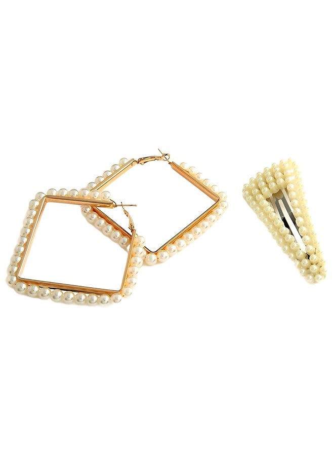 Just Peachy Just Peachy Gold-Plated Square Hoop Earrings with Hair Clip, Stylish and Versatile Jewelry Set, Elegant Hoop Earrings & Matching Hair Clip, Ideal for Adding a Touch of Any Outfit, Perfect Gift for Her  - Image 1