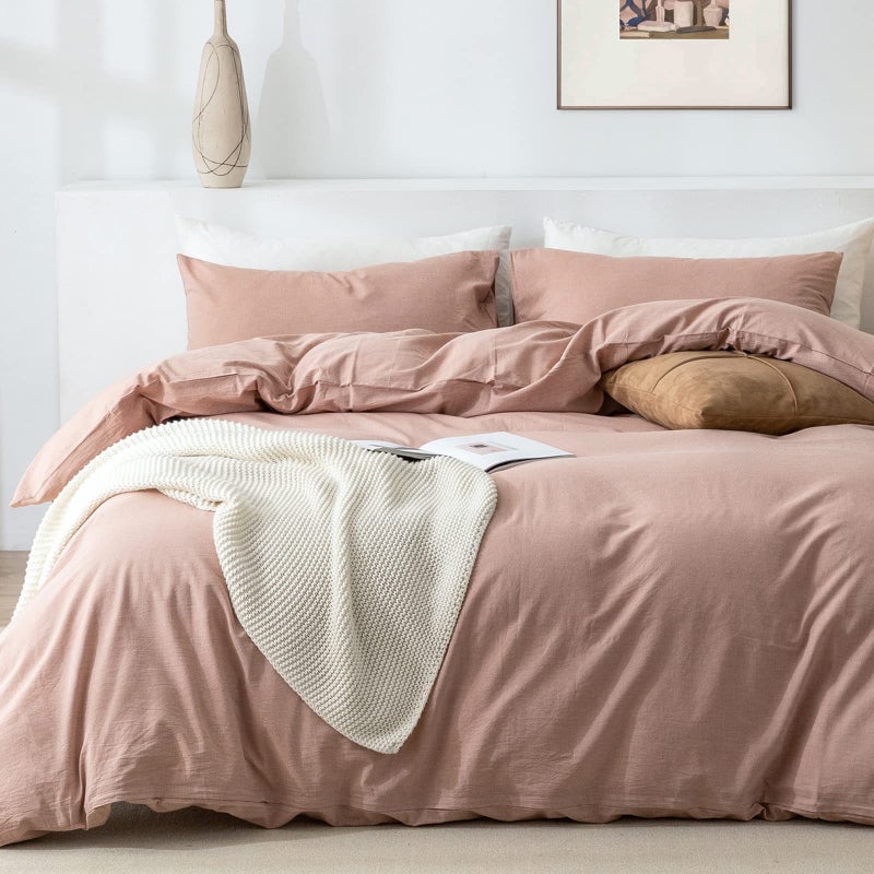 TIPTOE BEAR King Duvet Cover Set 100 Washed Cotton 3 Pcs Soft Comfy Breathable Chic Linen Feel Bedding 1 Duvet Cover and 2 Pillow Shams Pink