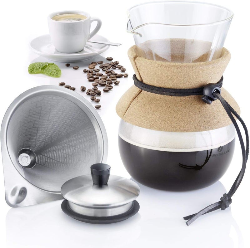 Westmark Brasilia 24592260 Coffee Maker with Permanent Filter/Dripper and Lid, 500 ml, 18/8 Stainless Steel, Borosilicate Glass, with Cork Sleeve, Height: 17.5 cm - Image 5