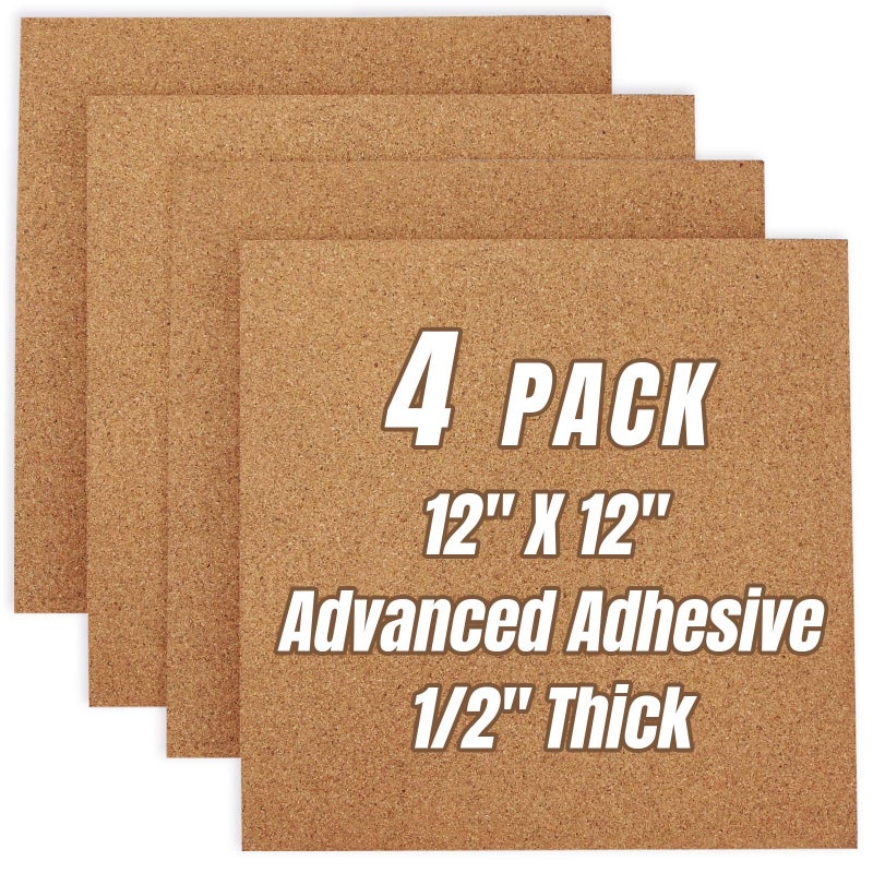 CRCHOM Cork Board Tiles 12"x12" - 1/2" Thick 4 Pack Cork Board Square Bulletin Boards Self Adhesive Corkboards for Walls Pin Boards Corkboards for Office Home School Decor - Image 1