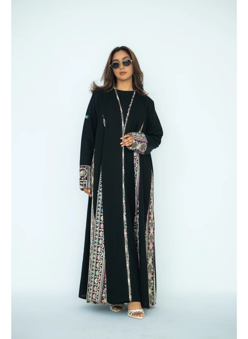 via abaya Linen with details and Indian embroidered linen sleeves Abaya