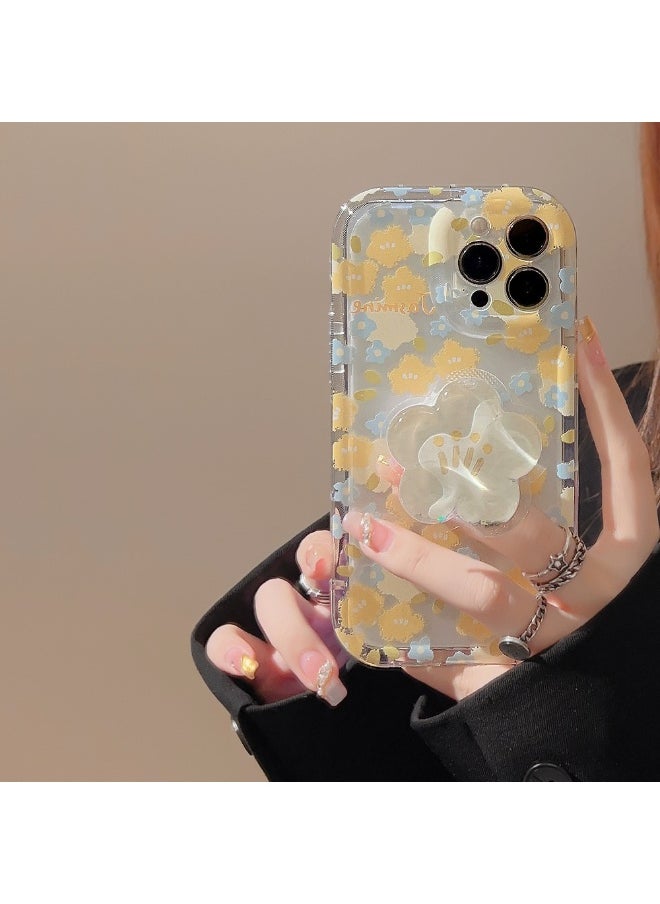 Floral Shell Case for iPhone 15/16 Pro Max - Transparent Summer Vibes Protective Case with Glitter Stand