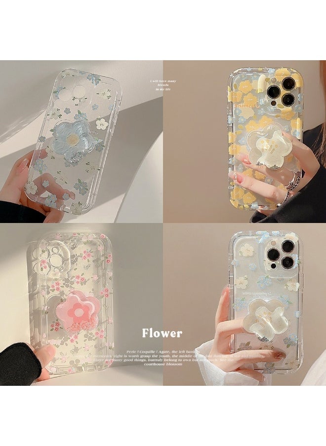 Floral Shell Case for iPhone 15/16 Pro Max - Transparent Summer Vibes Protective Case with Glitter Stand