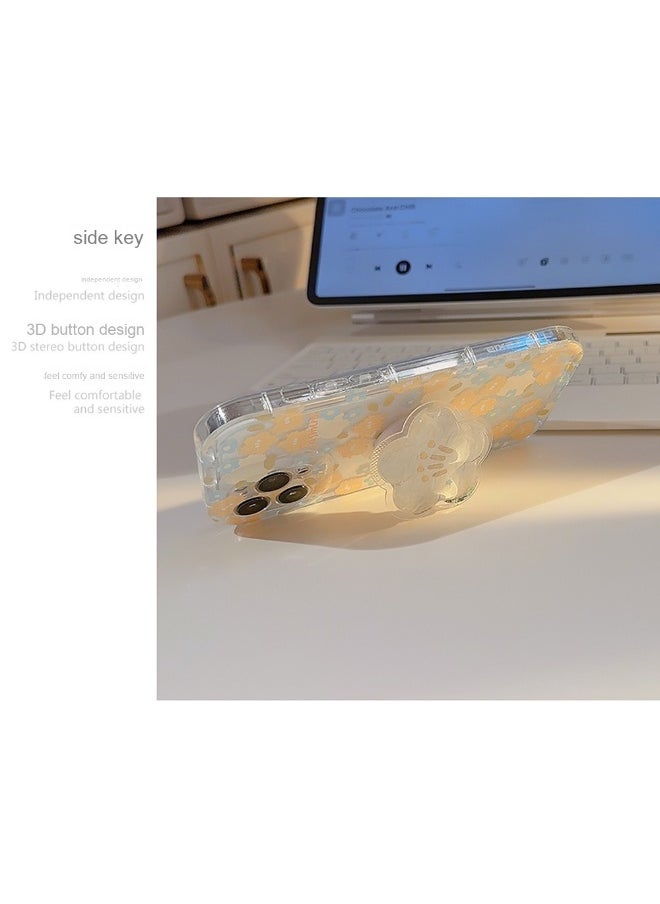 Floral Shell Case for iPhone 15/16 Pro Max - Transparent Summer Vibes Protective Case with Glitter Stand