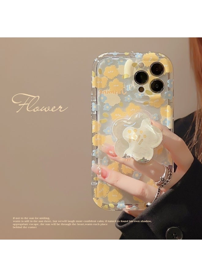 Floral Shell Case for iPhone 15/16 Pro Max - Transparent Summer Vibes Protective Case with Glitter Stand