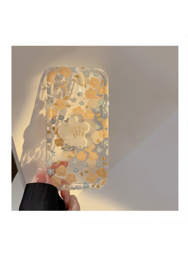 Floral Shell Case for iPhone 15/16 Pro Max - Transparent Summer Vibes Protective Case with Glitter Stand