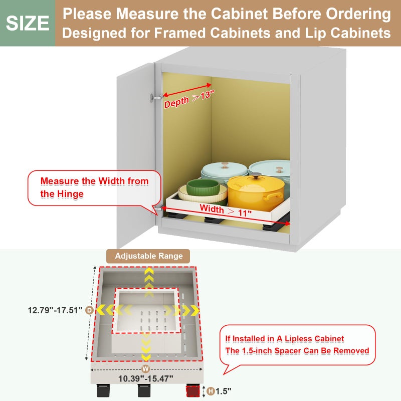 Fokyfok Pull out Cabinet Organizer,Expandable Width(11"-16"),Depth(13"-17") with 3 Rails,Roll out Drawers,No Drill Adjustable Slide out Shelves for Kitchen,Pantry,for Both Lip and Lip-Free Cabinets,White(1PC) - Image 2