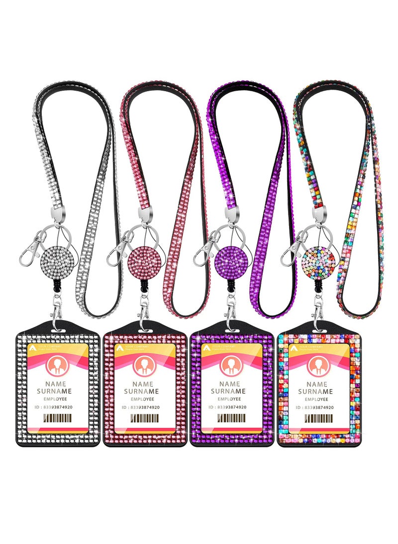 Sparkling Rhinestone Lanyard ID Card Holder Set, 4 Pcs Retractable Badge Reel with Metal Clasp and Key Ring for Women, Ideal for Nurses and Teachers - Image 1
